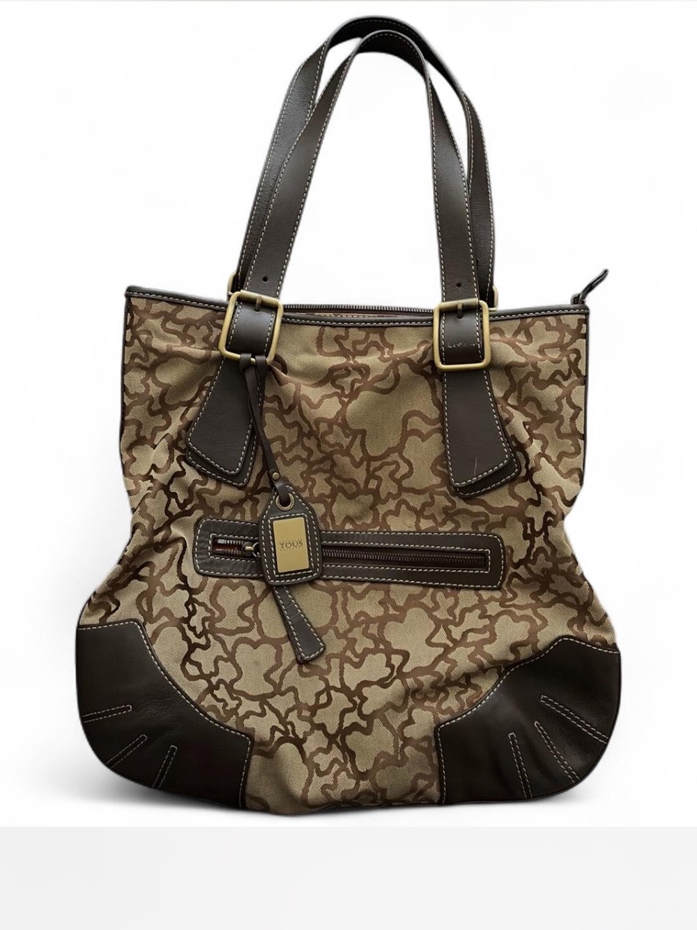 Tous Brown Patterned Canvas and Dark Brown Leather Tote